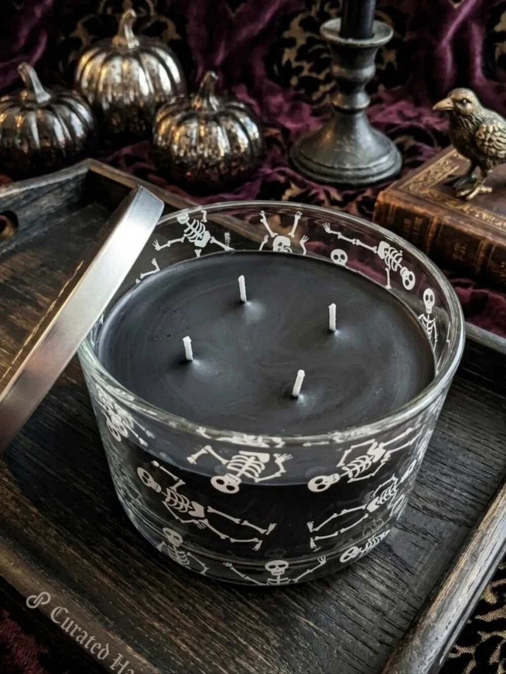 NWT Halloween Spooky Bundle - 4-Wick Skeleton Candle, Towel, Clips & Stickers